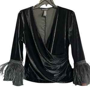 Cachet Black Velvet Feather Cuff Wrap Top Mob Wife Aesthetic Evening Glam Size L
